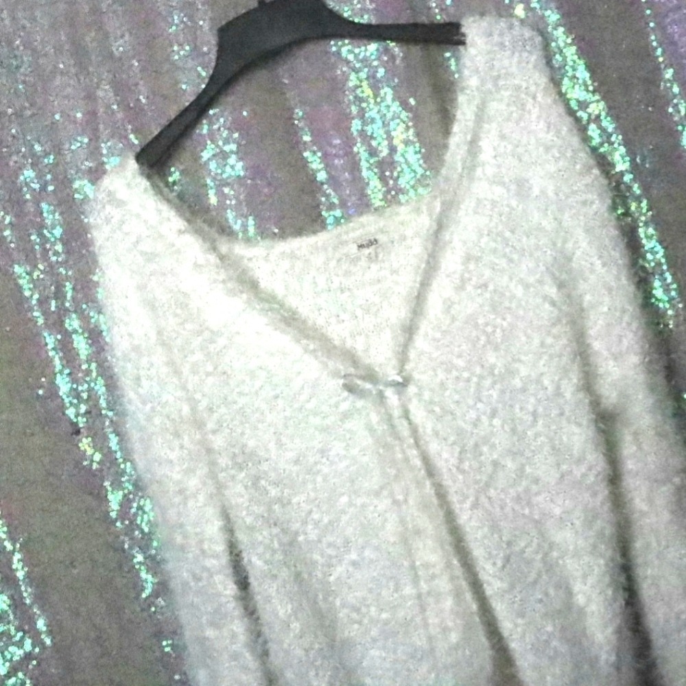 FLAWED Mudd White Fuzzy Eyelash Knit Hooded Cardigan Ribbon Tie Small Y2K